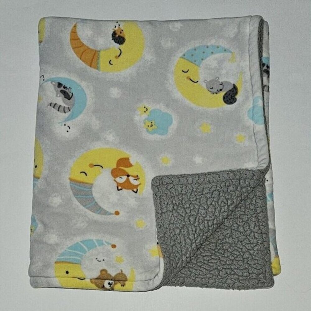 Moon Stars Fleece Baby Blanket Gray Sherpa Raccoon Bear Squirrel Fox Deer